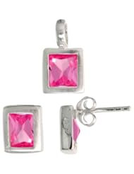 Sterling Silver Matte-finish Rectangular Earrings (8mm tall) & Pendant (13mm tall) Set, w/ Emerald Cut Pink Tourmaline-colored CZ Stones