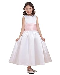 Girls A-line Satin Ankle Length Sleeveless Scoop Neck Lace Natural   Waistline Flower-Girl Dress  With a Sash 