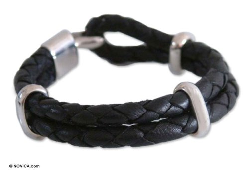 Leather bracelet, 'Night's Paths' 0.6 W 8.7 L