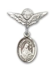 Sterling Silver Baby Badge with St. Gertrude of Nivelles Charm and Angel with Wings Badge Pin