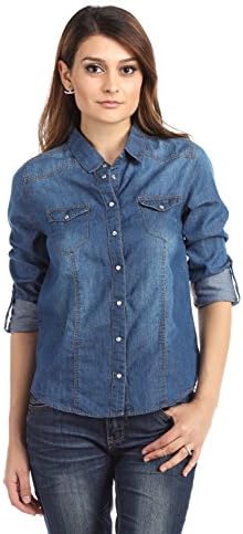 3/4 ROLL UP SLEEVE TWO POCKET DENIM SHIRT (MEDIUM, MEDIUM DENIM)