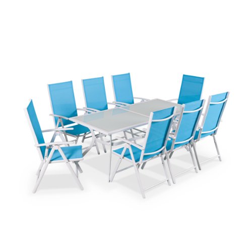 Alice's Garden - Salon de jardin en aluminium et textilène - Naevia - Blanc, Bleu - 8 places - 1 grande table rectangulaire, 8 fauteuils pliables