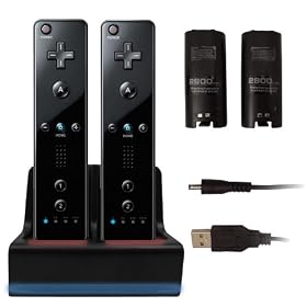 Wii Remote / Controller BLACK Dual Charging Dock with 2 FREE Rechargeable Batteries