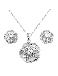 .925 Sterling Silver CZ Lotus Bloom Earrings and Matching Pendant-Necklace Set with 1.3mm Side Diamond-cut Cable Rolo Chain - 16"+1" Inches Extension