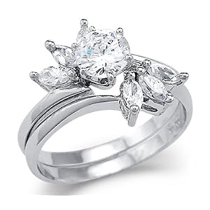 Solid 14k White Gold Solitaire CZ Cubic Zirconia Engagement Two Ring Set New 1.0 ct