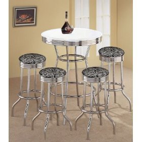 4 Zebra Print Pub Stools and White Pub Table Set