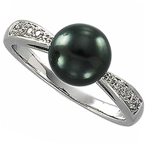 14Kt White Gold Sleek Tahitian Black Cultured Pearl and Diamond Ring