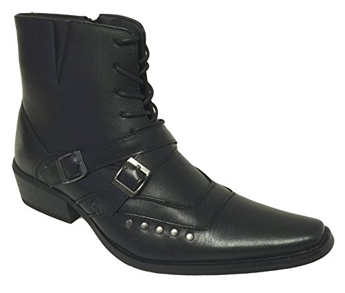 JW4T Men's Boots Cowboy Pointed Toe Buckle Strap Leather Lining Lace Up Punk Rivet Zipper Western Ankle Shoes, Black, Brown