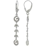 14k White Gold Lever Back Swirl Diamond Dangle Earrings w/ 0.16 Carat Brilliant Cut Diamonds, 1 7/8 in. (47mm) tall