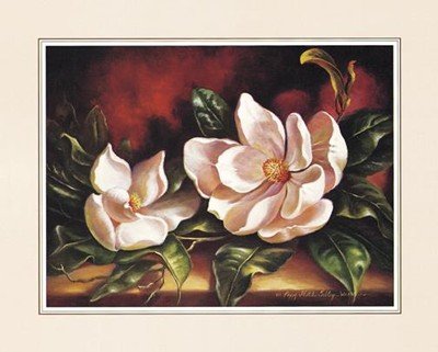 Magnolias On Red I by Peggy Thatch Sibley . Art PRINT Poster 28.00 X 22.00