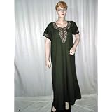 Gift for Mother Army Green Indian Caftan Short Sleeve Night Lounge Wear L Free Shipping