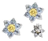 Round Simulated Blue Topaz Canary Center Flower Stud Earrings (Holiday Special)