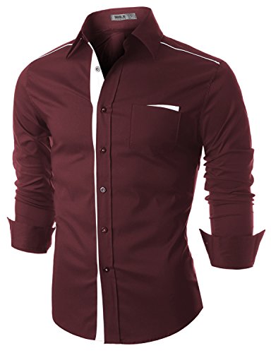 Doublju Mens Casual Trimmed Button-down Dress Shirts, Winewhite, XL