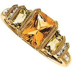 14K Yellow Gold Peridot, Citrine & Diamond Ring