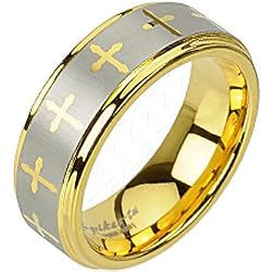 Spikes Tungsten Carbide ip Gold Two Tone Traditional Cross Ring