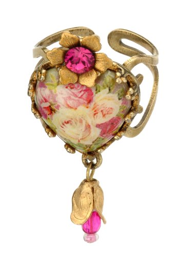 Michal Negrin Vintage Cameo Ring with Swarovski Crystals and Hand-painted Flower – Victorian style, made in Israel; Size is Adjustable