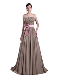 A-line Strapless Natural   Waistline Chiffon Floor Length  Lace Prom Dress  with a Brush/Sweep Train  With a Bow(s)