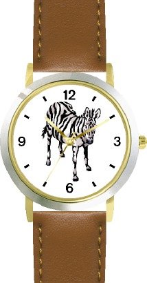 Zebra (Angled View) African Animal - WATCHBUDDY® DELUXE TWO-TONE THEME WATCH - Arabic Numbers - Brown Leather Strap-Size-Large ( Men