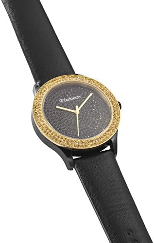 Women Dress Watch Rhinestone Inlaid Dial & Case Fashion Luxury Quartz watch leather Watch Band Black Gold