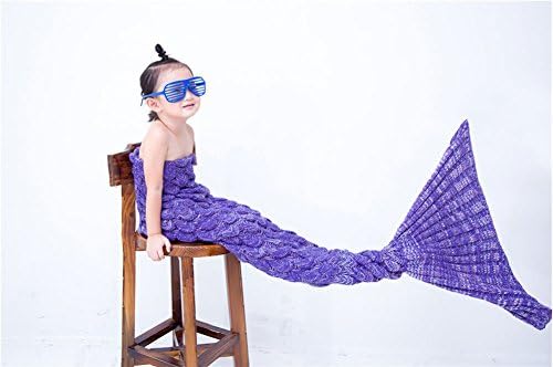 Cunada174; Little Girls Cute Soft Knitted Mermaid Tail Blanket with Scales Purple