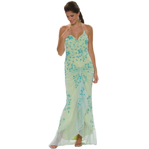 Formal Evening Gown. Aqua Lime Halter Beaded Dress for Prom - Party - Wedding by Sean Collection (1989)