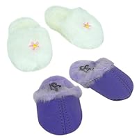 18 Inch Doll Slippers Set, White Fluffy Slippers with Pink Embroidered Detail Plus Purple Suede & Fur Lined Clog Slipper, Fits 18' American Girl Doll Shoes, White & Purple Doll Slippers Set