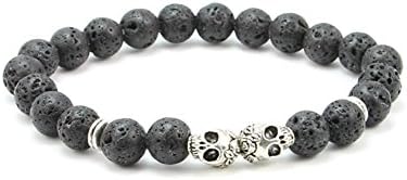 KOKY Black Lava Stone Beaded Bracelet With Double Silver Skull Head