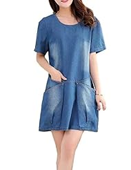 A-line Shift Vintage Summer Short Sleeves Cotton/Denim Round Neck Mini Dress 