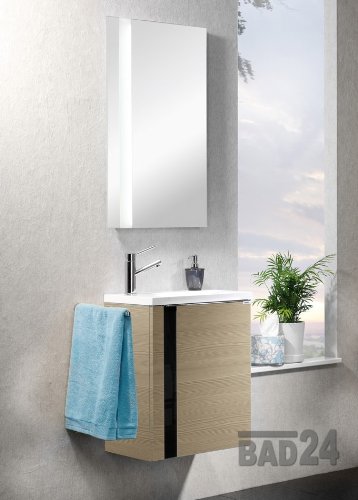 Badmöbelset 2 tlg. Vedro in Pinie mit Glasintarsie Schwarz links vormontiert