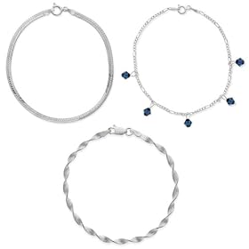 Sterling Silver Set of Three: 040-Gauge Triple-Flex Herringbone, Figaro w/ Blue Crystal Drops and 040-Gauge Singapore Chain Bracelets, 7"