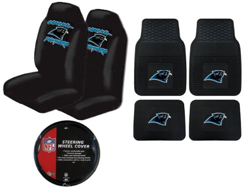 A Set of 4 NFL Universal Fit Front All-Weather Floor Mats and A Set of 2 Universal Fit Seat Covers and 1 Steering Wheel Cover - Carolina Panthers