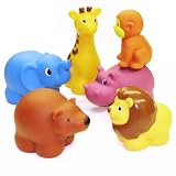 Set Of 6 Squeaky Rubber Zoo Animals: Giraffe, Hippopotamus, Elephant, Lion, Bear, And Monkey -Affordable Gift for your Little One! Item #LMID-1163
