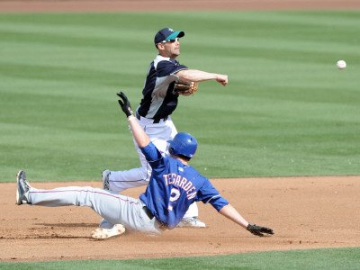 Texas Rangers v Seattle Mariners, PEORIA, AZ - MARCH 01: Jack Wilson and Taylor Teagarden Photographic Poster Print by Harry How, 24x32