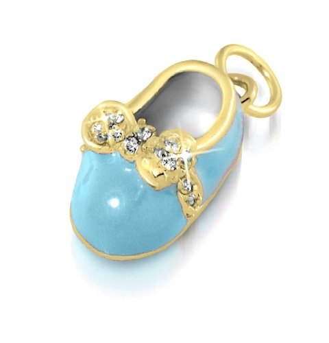 Bling Jewelry Gold Vermeil Mini Blue Enamel CZ Bow Petite Baby Shoe Charm Pendant