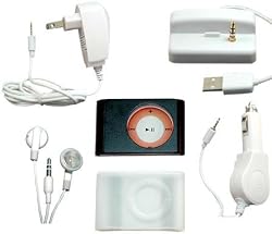 iPod Shuffle 2nd Gen 6 items bundle: BLACK Aluminum Case + Clear Slicone Skin Case + USB Dock Cradle + AC Wall Charger + Car Charger + White Stereo Headphones