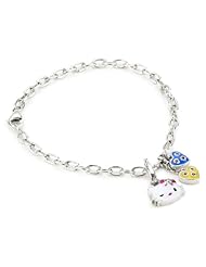 Hello Kitty by Simmons Jewelry Co. "Flirty Kitty" White Rhodium Plated Enamel Fill Swarovski Accent Heart Charms Bracelet