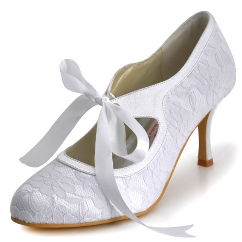 Elegantpark A3039-3 Women's Evening Prom Round Toe Ribbon High Heel Lace Wedding Shoes