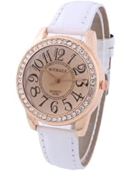 W8sunjs Brand Womage Bling Rhinestone Crystals Large Numbers Fashion Leather Quartz Watches for Womens Lady Girls 6 Colors Option White
