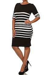 Plus Size Thigh Length Polyester/Spandex Striped Print Round Neck  Dress