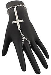 2 Pieces of Silvertone Iced Out Cross Adjustable Slave Hand Chain Bracelet One Size Fits All