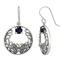 Sterling Silver Marcasite Butterfly Round Sapphire Glass Earrings