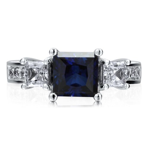 Sterling Silver 925 Princess Sapphire Cubic Zirconia CZ 3-Stone Ring - Nickel Free Engagement Wedding Ring