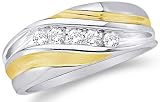 10k White and Yellow Two 2 Tone Gold Five 5 Stone Channel Set Round Cut Mens Diamond Wedding Ring Band (1/4 cttw)