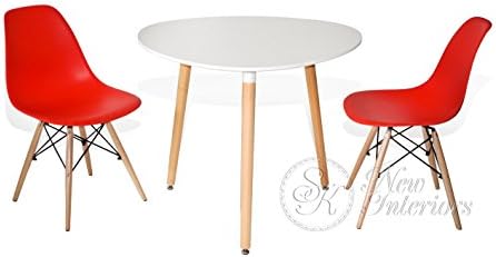 3-Piece Dining Set White Rounded Triangle Round Table Red Chairs Modern Wood Legs