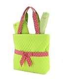 Monogrammable Solid Lime Green Quilted (3) Piece Diaper Bag with Pink Polka Dot Ribbon Handles & Accents
