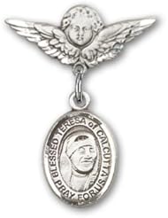 Sterling Silver Baby Badge with Blessed Teresa of Calcutta Charm and Angel with Wings Badge Pin