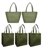 2 Olive Reusable Shoulder Tote Bags+3 Olive Grocery Tote Bag Combo Pack