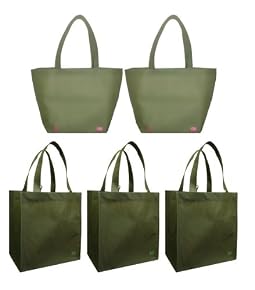 2 Olive Reusable Shoulder Tote Bags+3 Olive Grocery Tote Bag Combo Pack