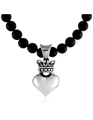 King Baby Small 3D Crowned Heart Pendant Necklace On 18" Onyx Bead Necklace