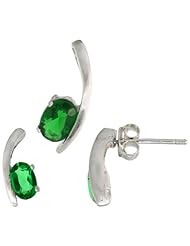 Sterling Silver Fancy Kink Earrings (12mm tall) & Pendant (16mm tall) Set, w/ Oval Cut Emerald-colored CZ Stones